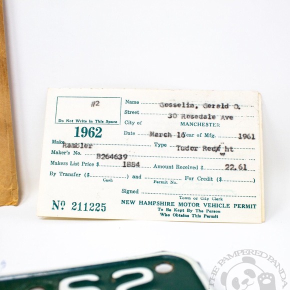 1962 New Hampshire License Plate PAIR With Registration and Original Cover - Picture 5 of 5